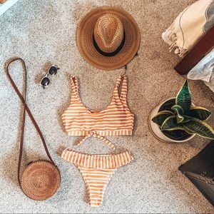 SOLD: High waisted yellow striped bikini with two tops